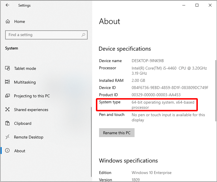 check the Windows version using Settings tool