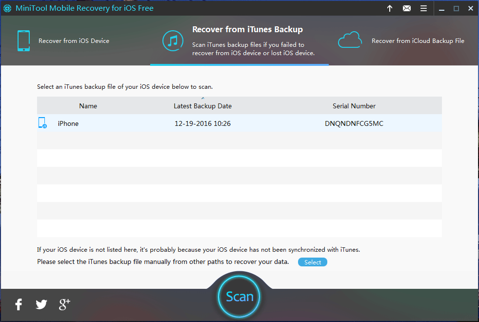 choose the iTunes back up file and press Scan