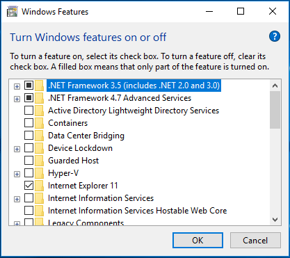 verifique .NET Framework 3.5 y haga clic en Aceptar para continuar