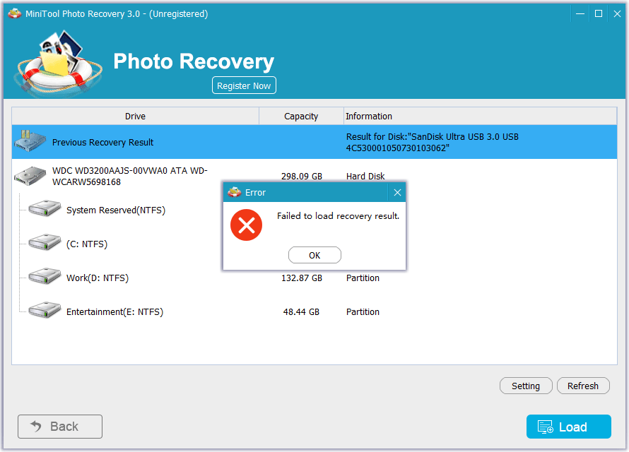Failed to load recovery result