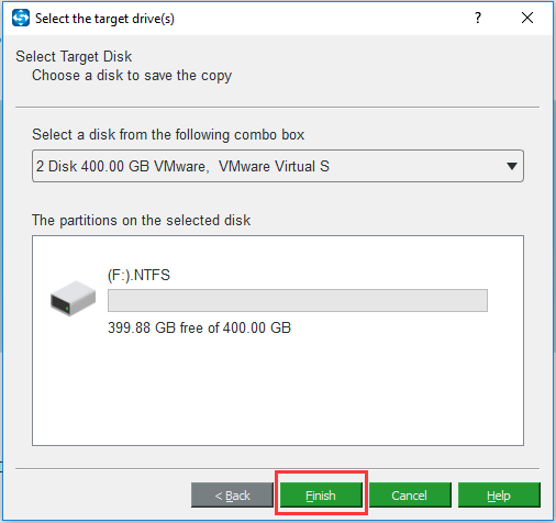 Sélectionnez ensuite le SSD comme disque cible et cliquez sur Terminer pour continuer.