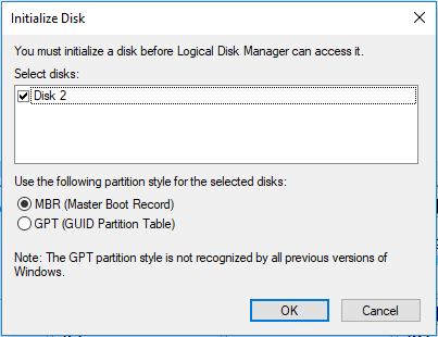 initialize disk to mbr or gpt