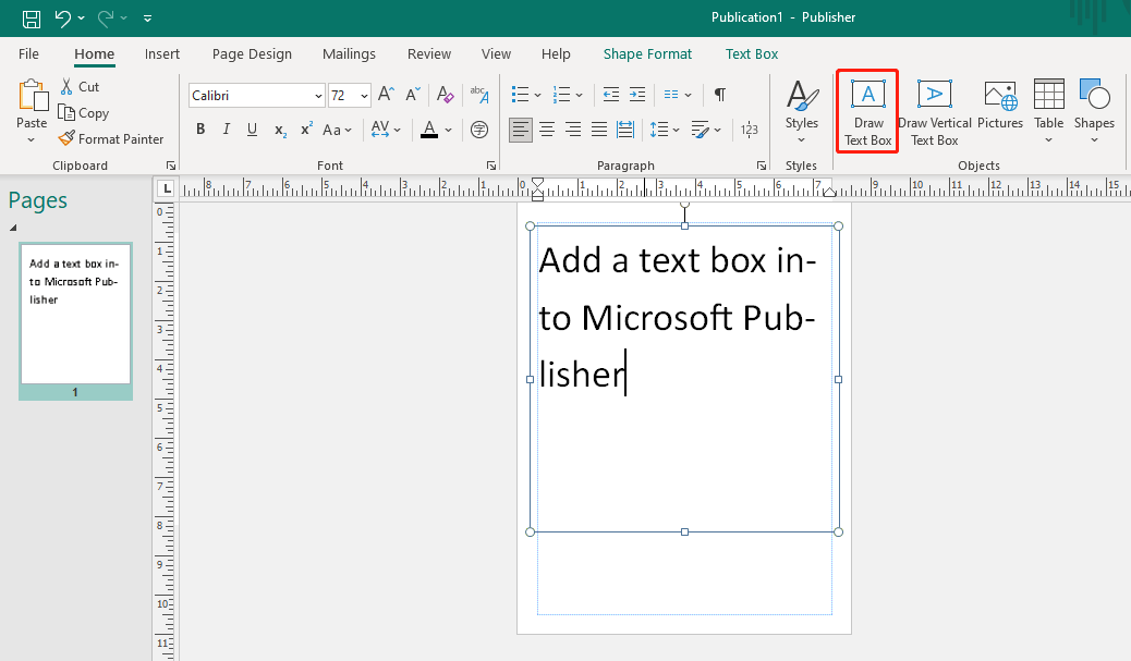 add a text box into Microsoft Publisher