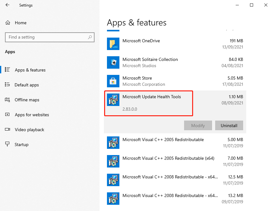 Microsoft Update Health Tools in Settings