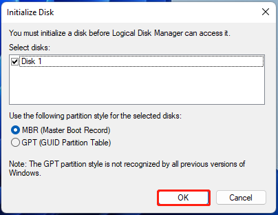 initialize disk to MBR or GPT using DM