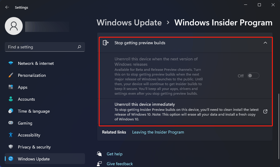 Cancele a inscrição deste dispositivo quando a próxima versão do Windows estiver esmaecida
