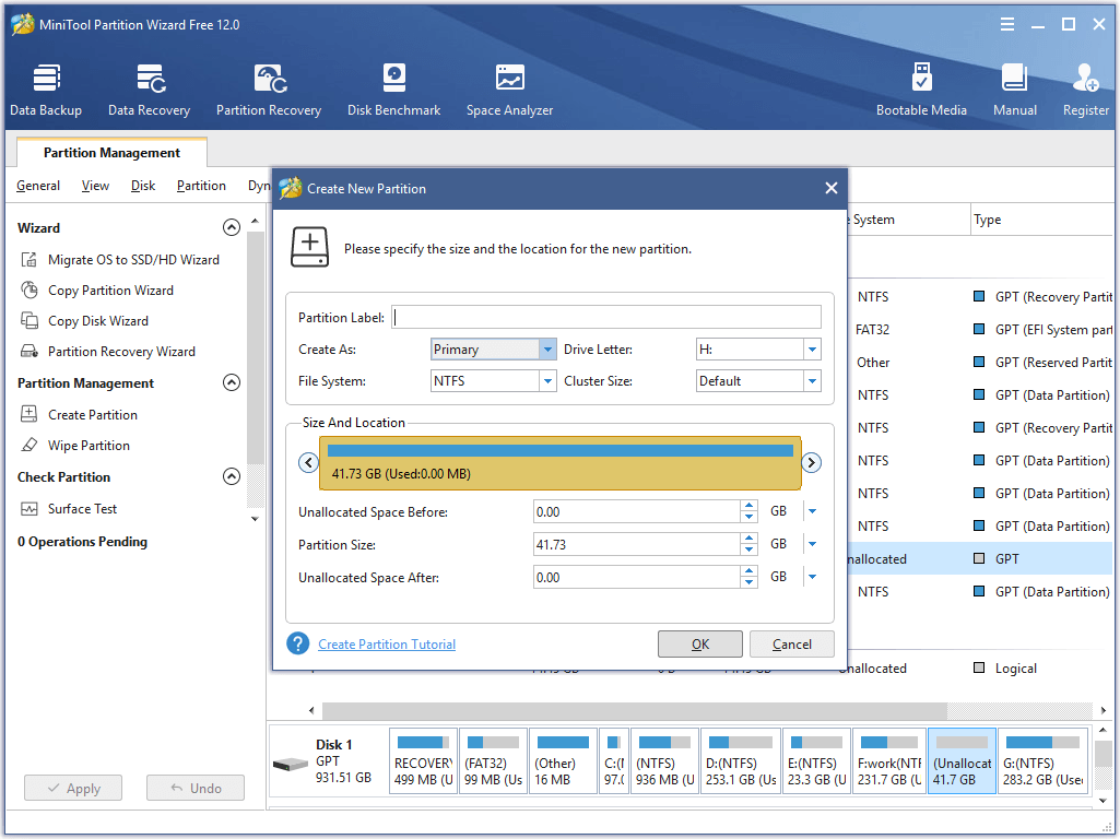 criar uma nova partição via MiniTool Partition Wizard