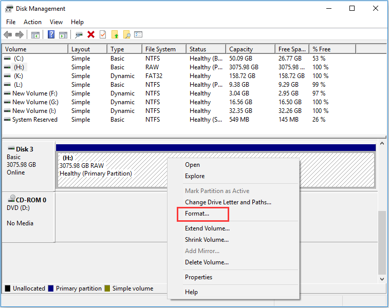 formatee la unidad RAW en Administración de discos