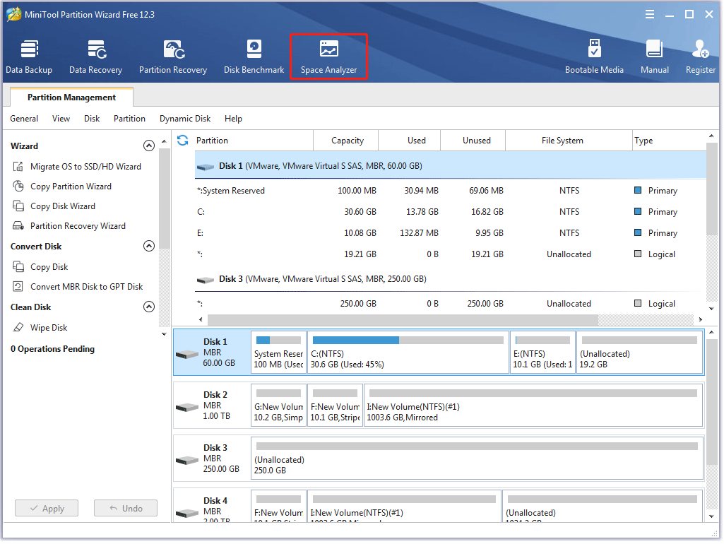 cliquez sur la fonction Space Analyzer