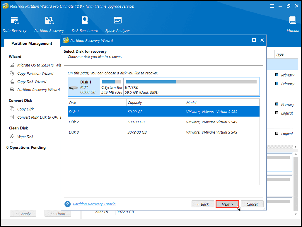 select the disk to recover and click Next