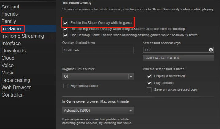 Desmarca Habilitar Steam Overlay mientras estás en el juego.