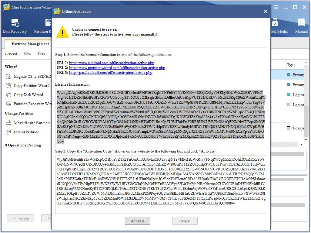 copy Activation Code Partition Wizard and click Activate