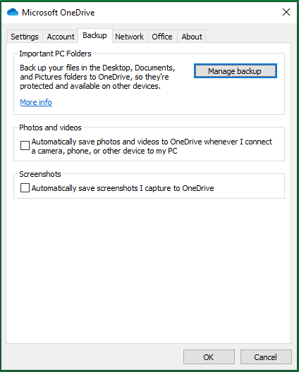 backup tab in OneDrive settings window