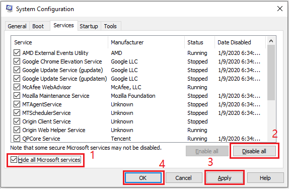 desative todos, exceto serviços Microsoft