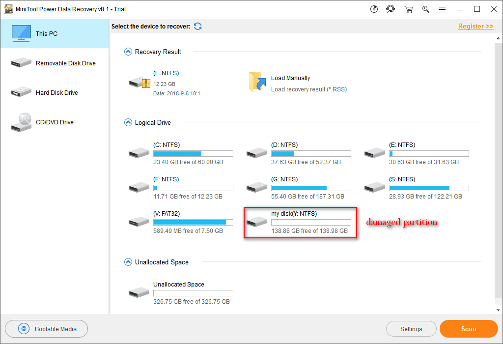 select This PC to choose a damaged partition