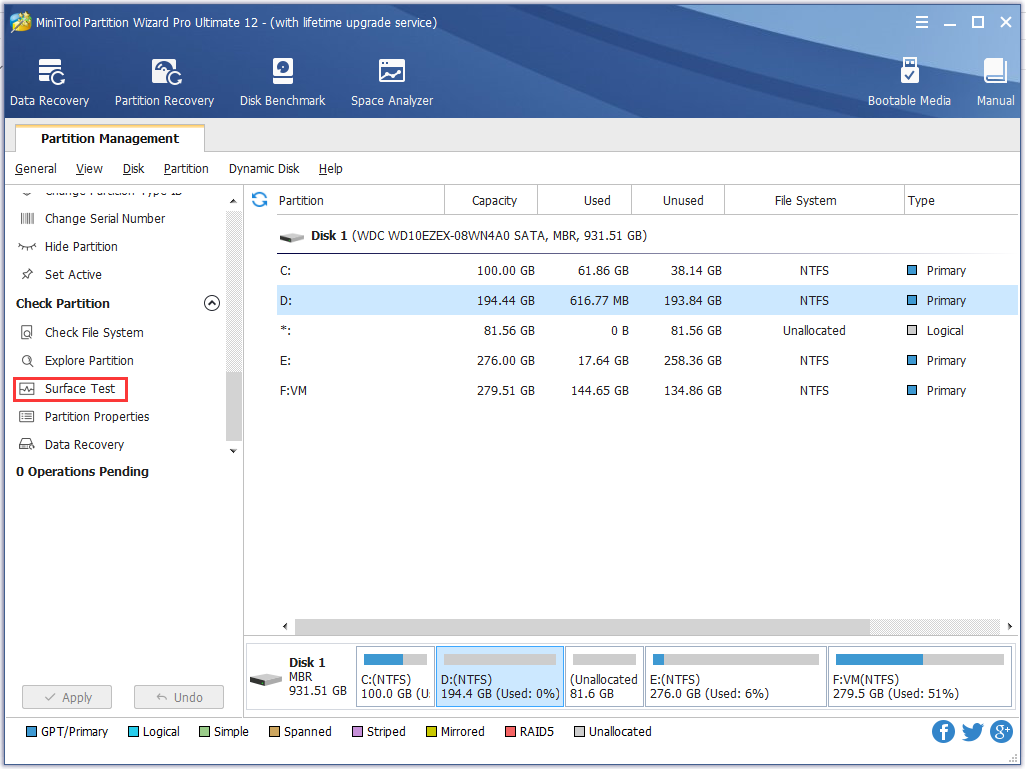 select Surface Test feature