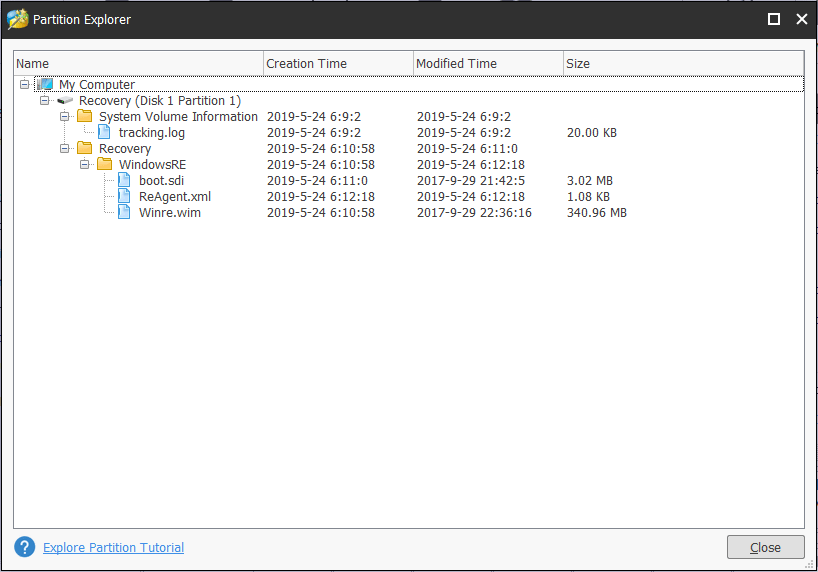  explorer la partition de récupération Windows