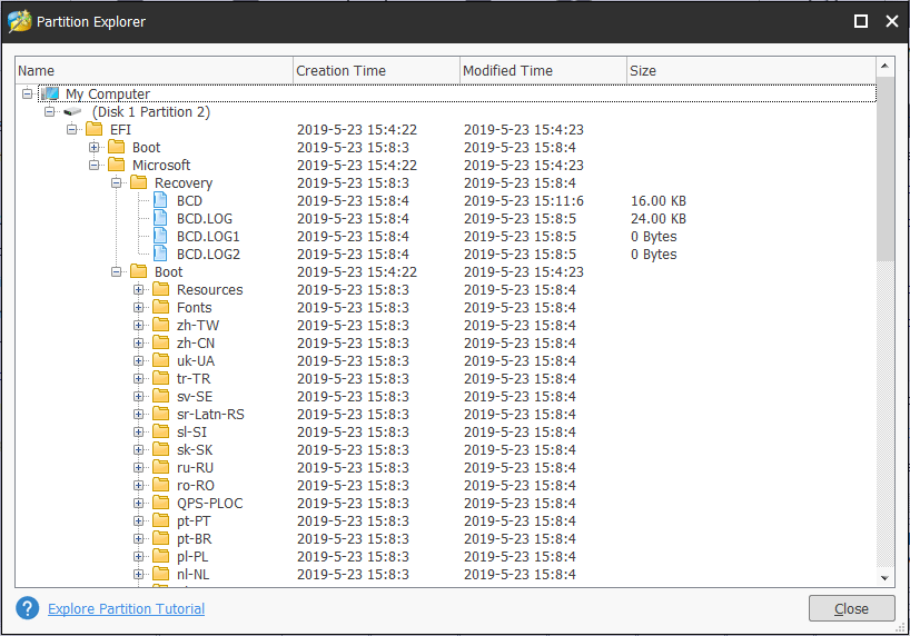 explorer la partition système EFI