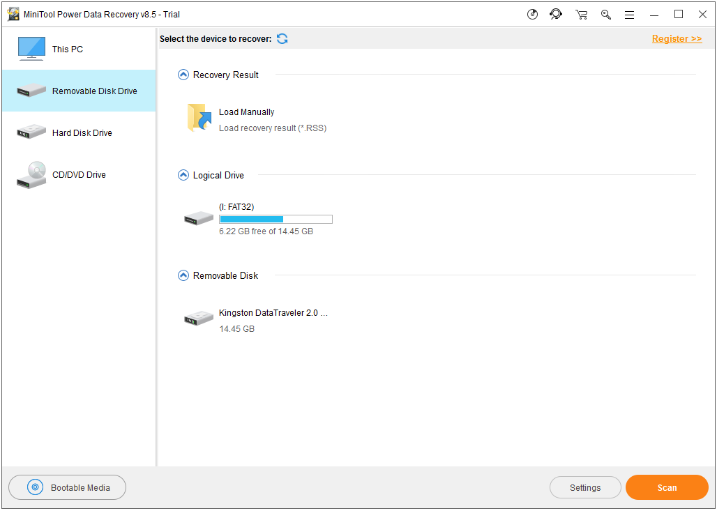 a interface principal do MiniTool Power Data Recovery