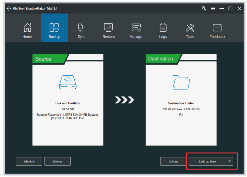 haga clic en Copia de seguridad ahora