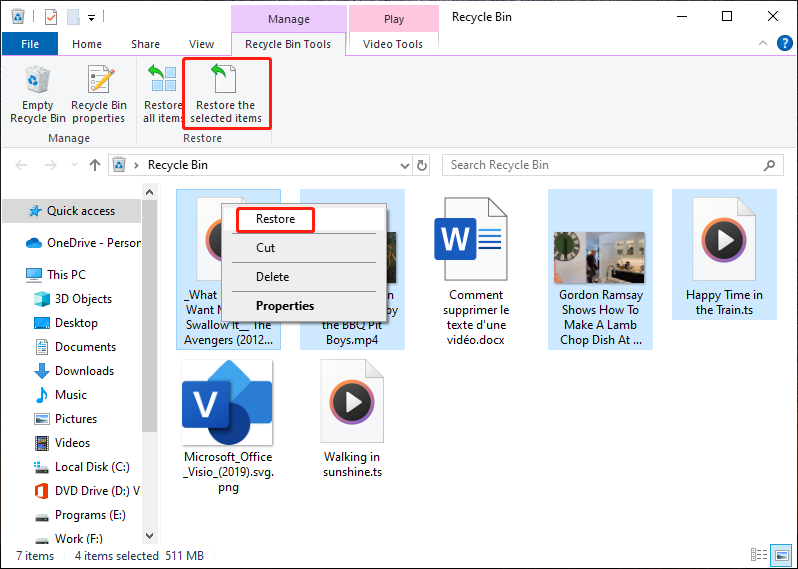 restore deleted HD videos from the Recycle Bin