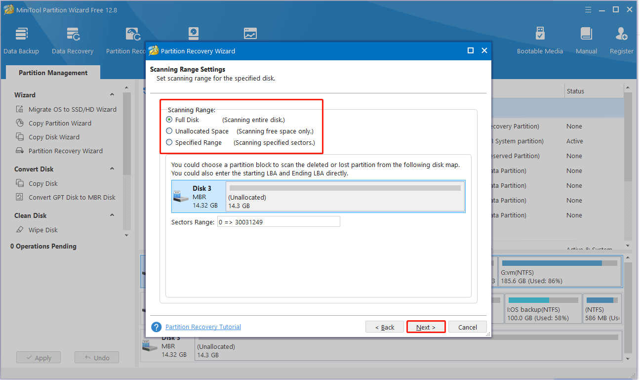 select a scanning range