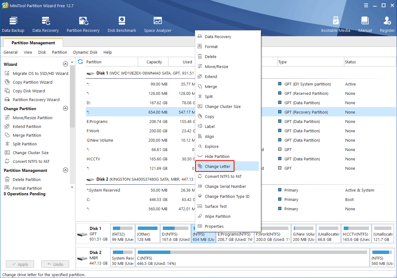 change letter in MiniTool Partition