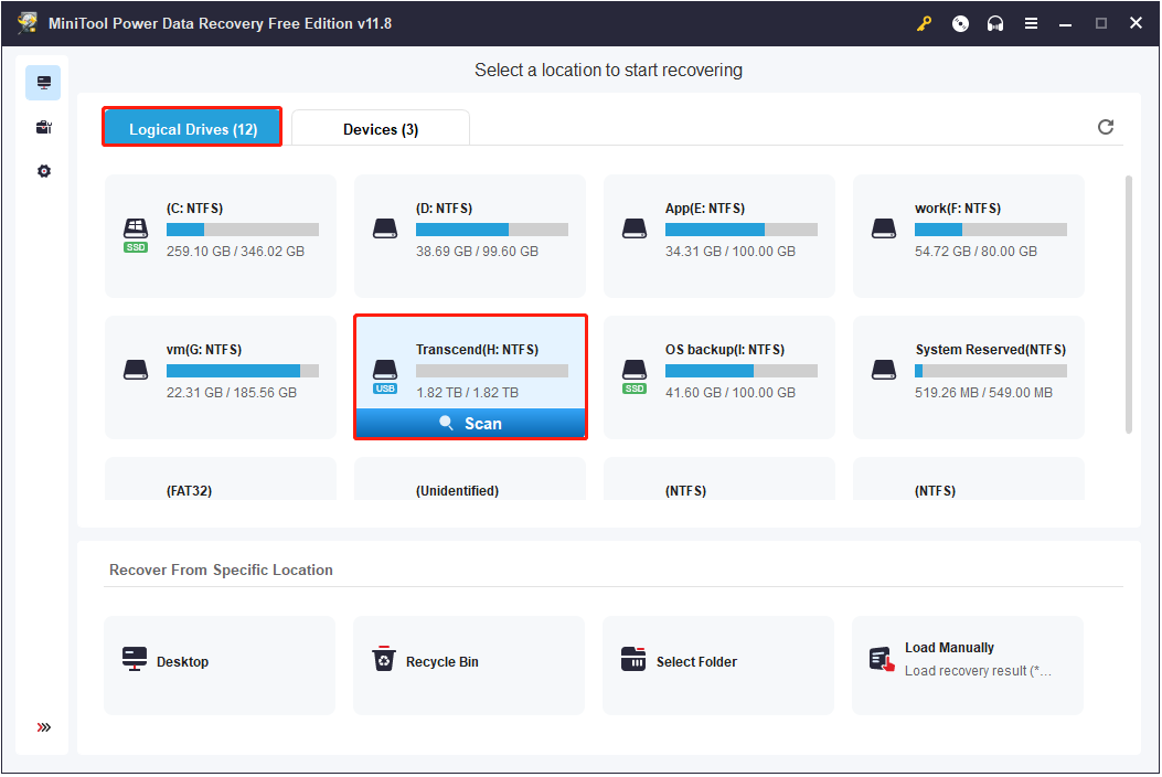 select the formatted Transcend external hard drive to scan