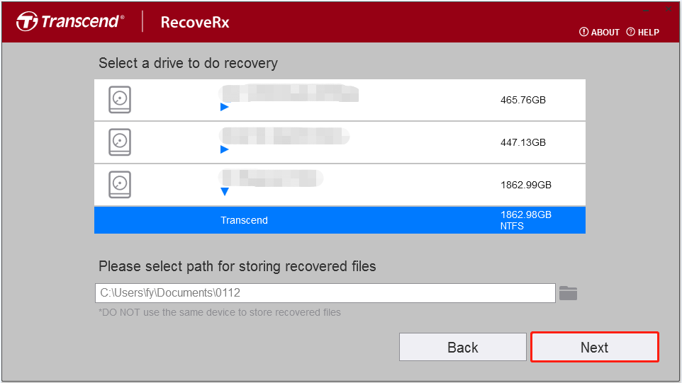 select the partition and file storage location