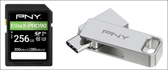 a PNY SD card and a PNY USB flash drive