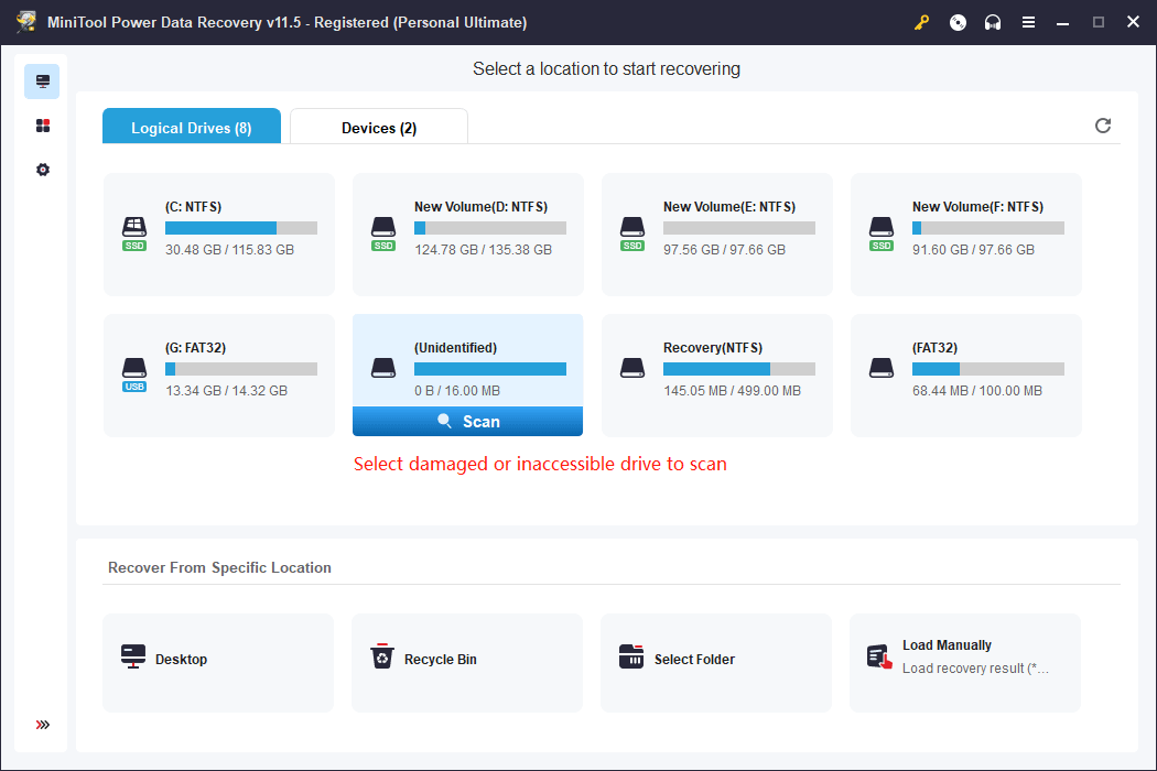 select a damaged partition to scan