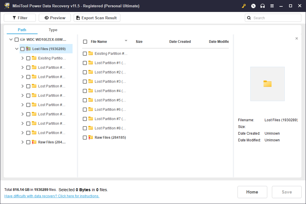 software interface after scanning the lost partition or the whole hard drive