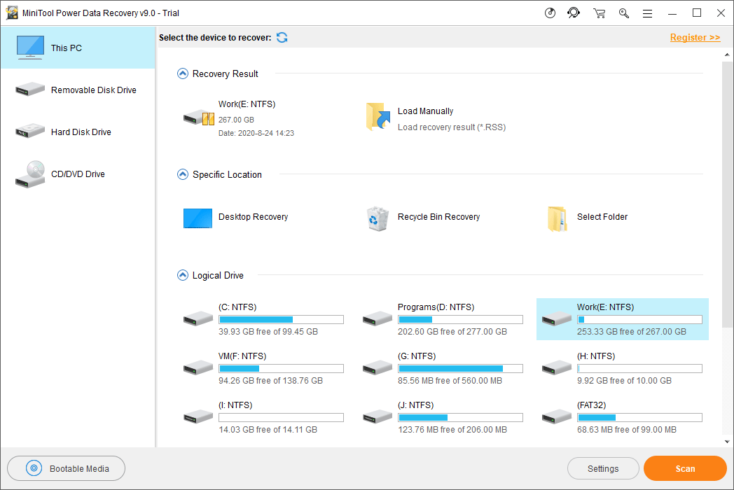 select the target drive to scan