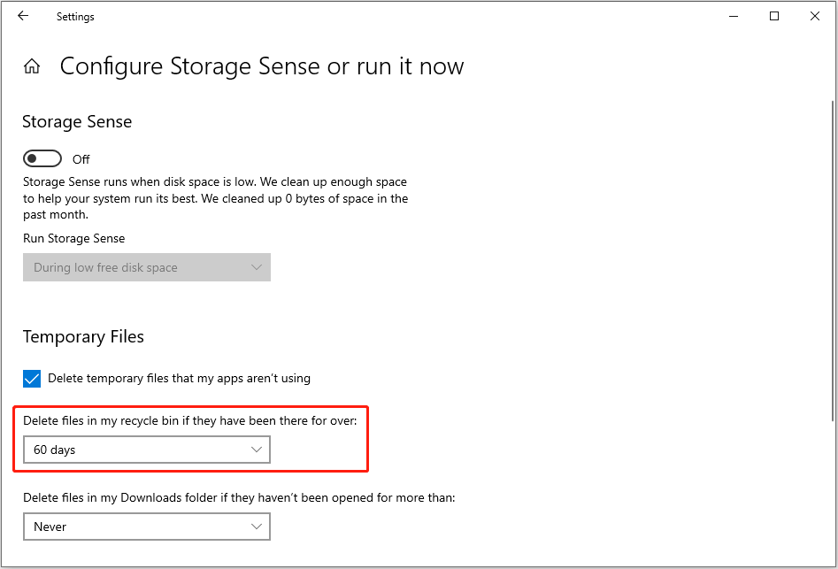 change how long deleted files are stored in Recycle Bin