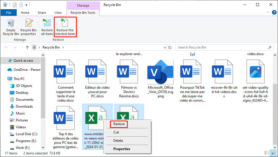 restore deleted CSV files from the Recycle Bin