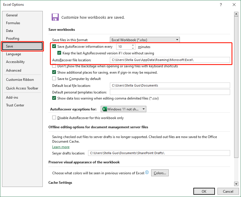Excel AutoRecover settings