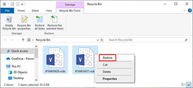 restore Visio files from Recycle Bin