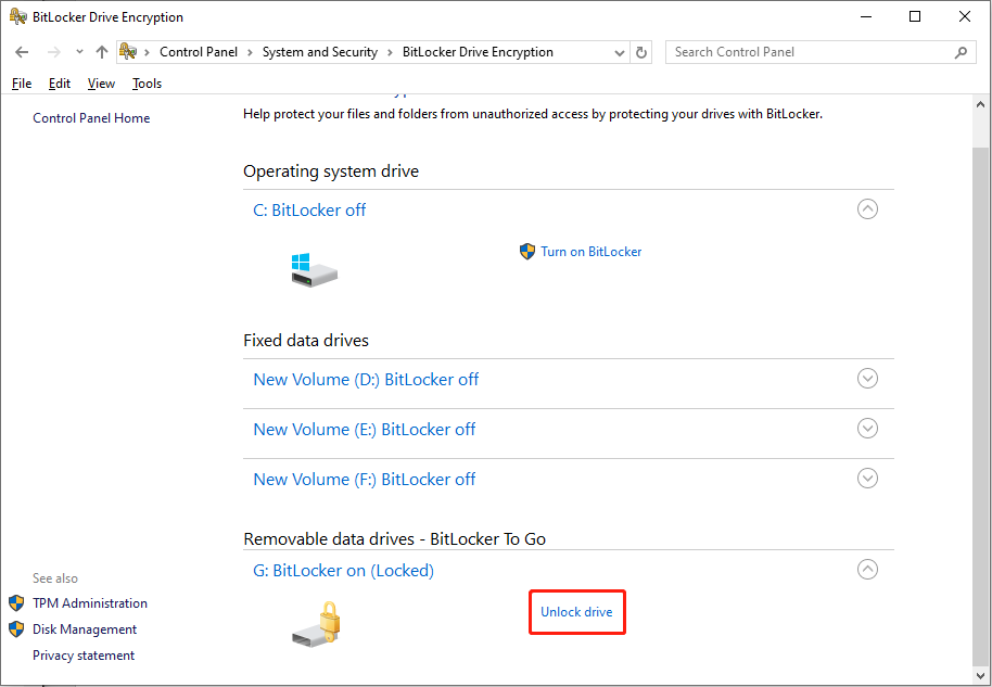 unlock the USB drive in the Control Panel