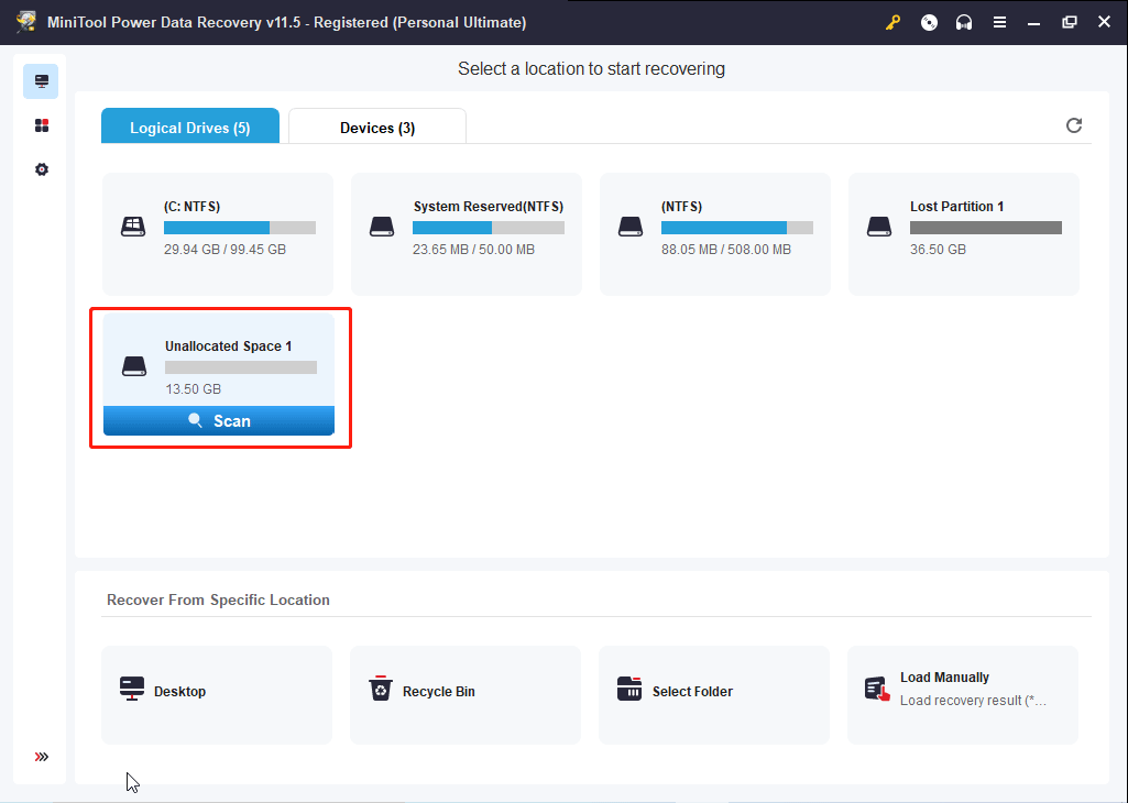 select the target unallocated space to scan