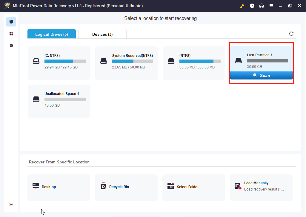 select the lost partition