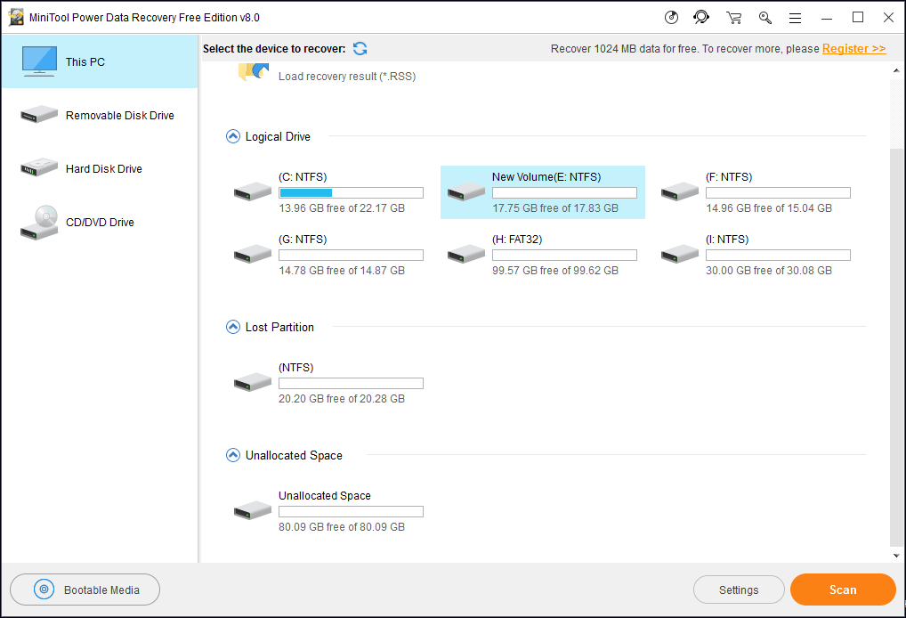 select the target drive to scan