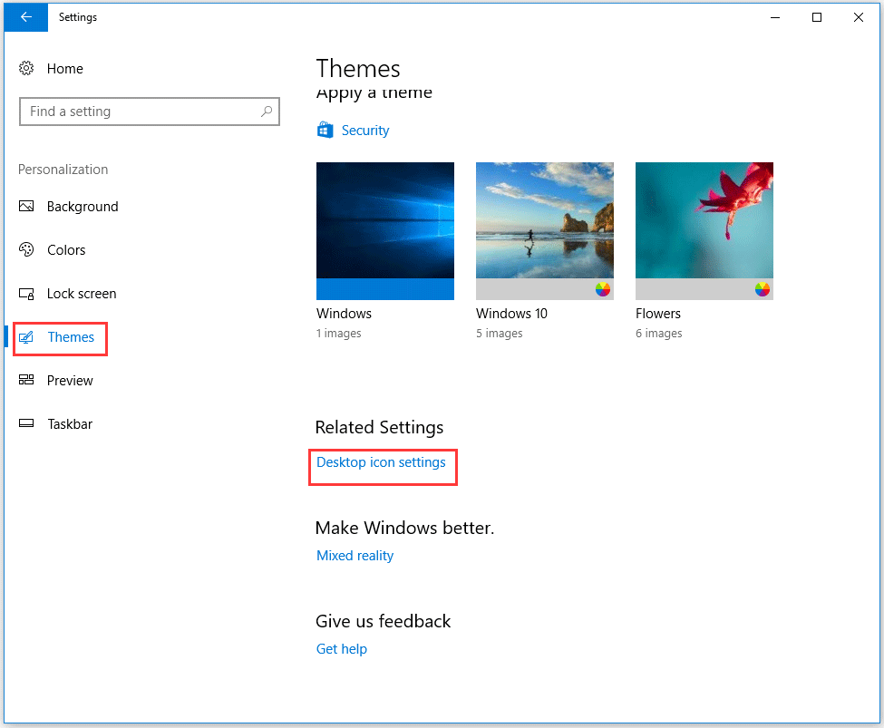 click Themes and Desktop icon settings in the Background screen