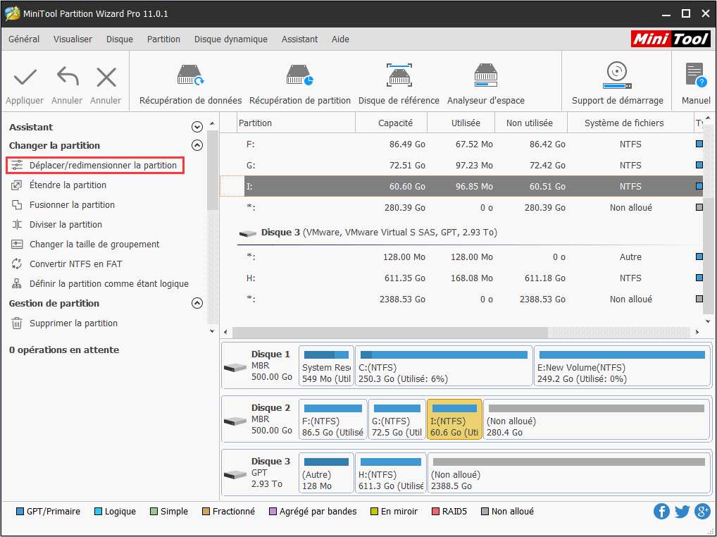 sélectionnez la partition à utiliser et activez Déplacer/Redimensionner la partition dans le panneau d'action de gauche