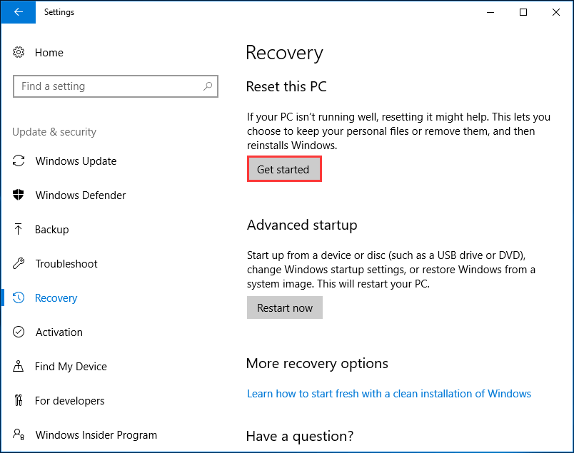 réinitialiser ce PC dans Windows 10