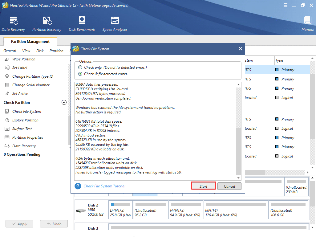 verifique e corrija o erro do disco rígido