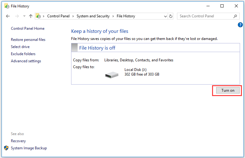 turn on File History Windows 10
