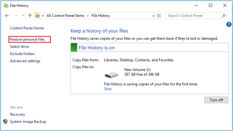 click Restore personal files