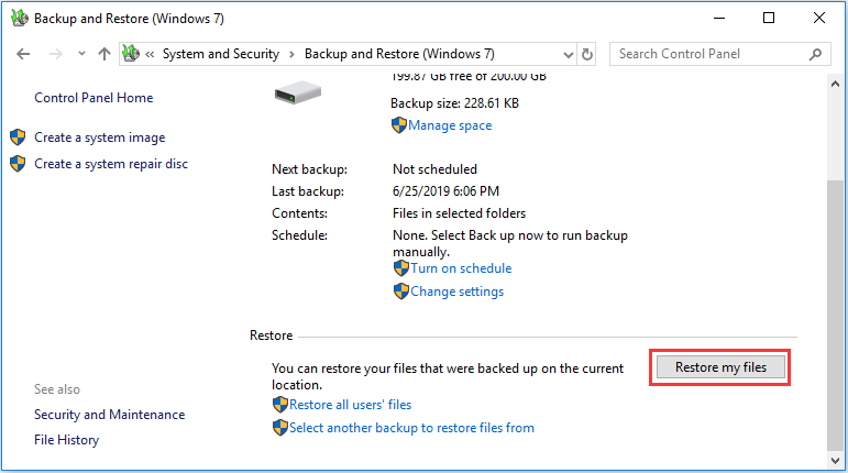 click Restore my files