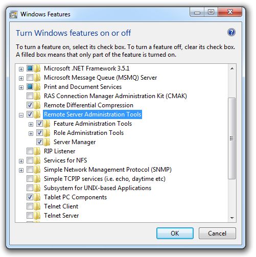 check all boxes under the Remote Server Administration Tools option
