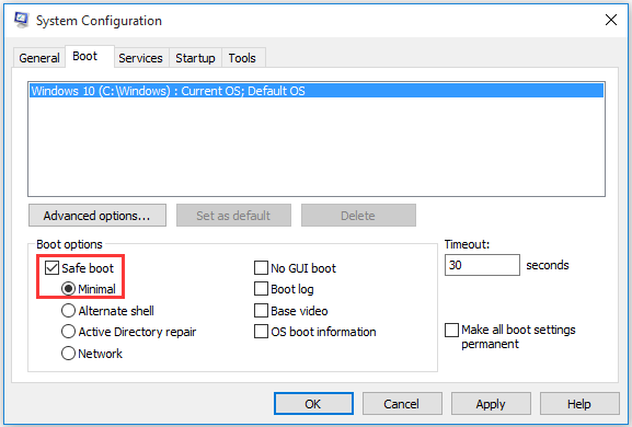 check Safe boot and Minimal